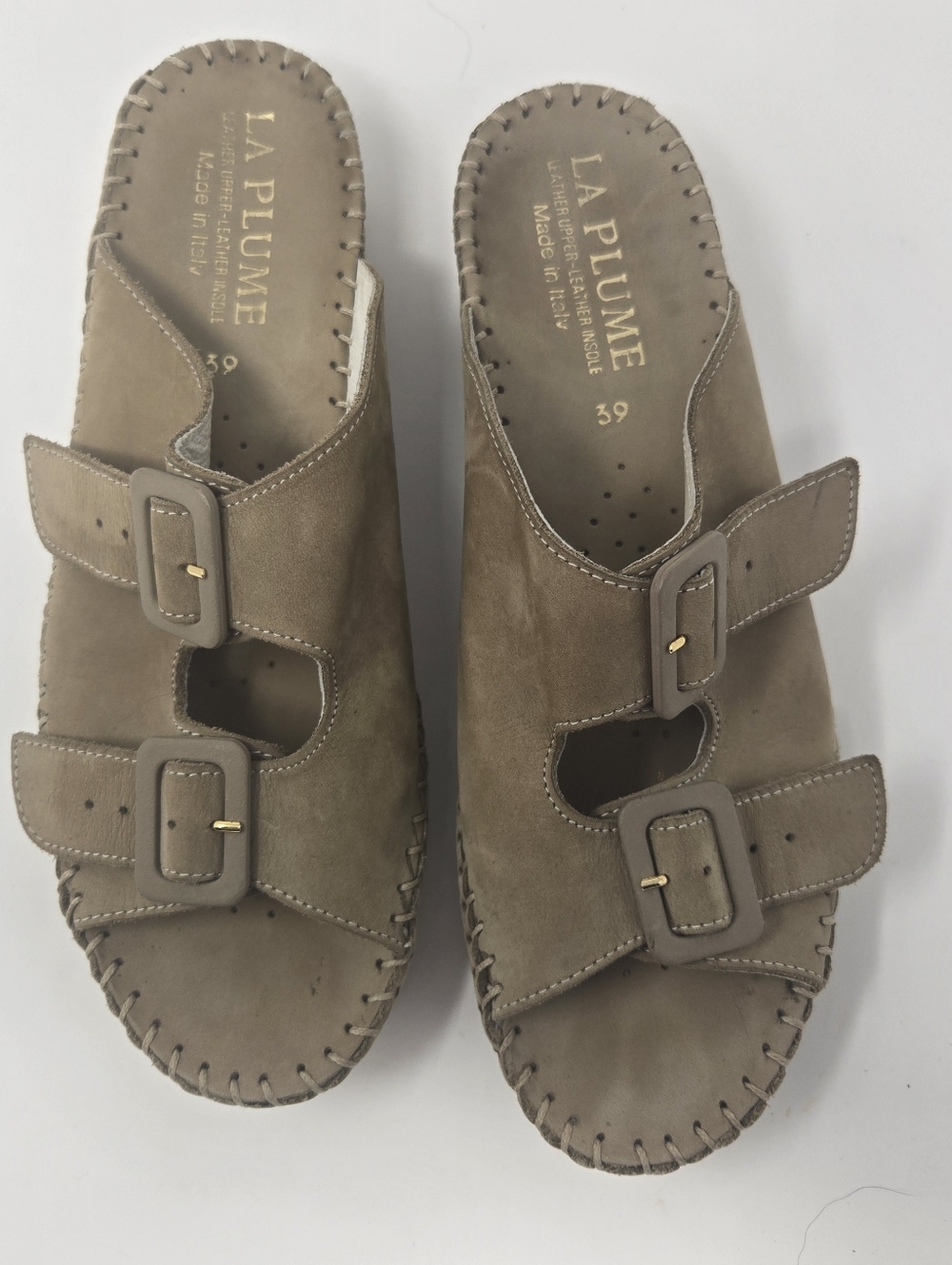 La Plume Italy Beige Leather Two Buckle Slides Slip On Shoes Sandals